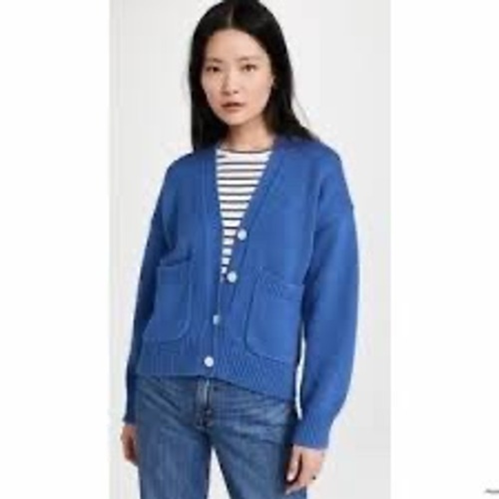Alex Mill Women Blue BCI Cotton Chunky Knit Emma Cardigan Sweater Size M Pockets